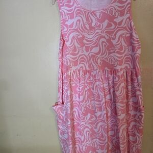 Pink and White Sleeveless Scoop Neck Sundress With Pockets